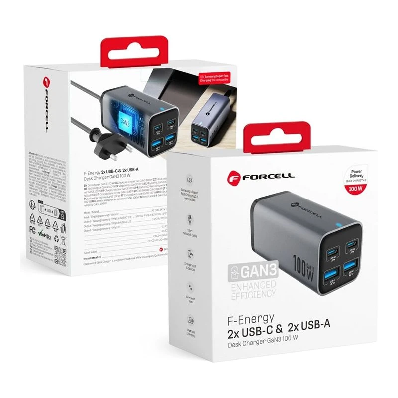 FORCELL ЗАРЯДНО 220V GAN3 2XUSB C+2XUSB A QC4.0 100W