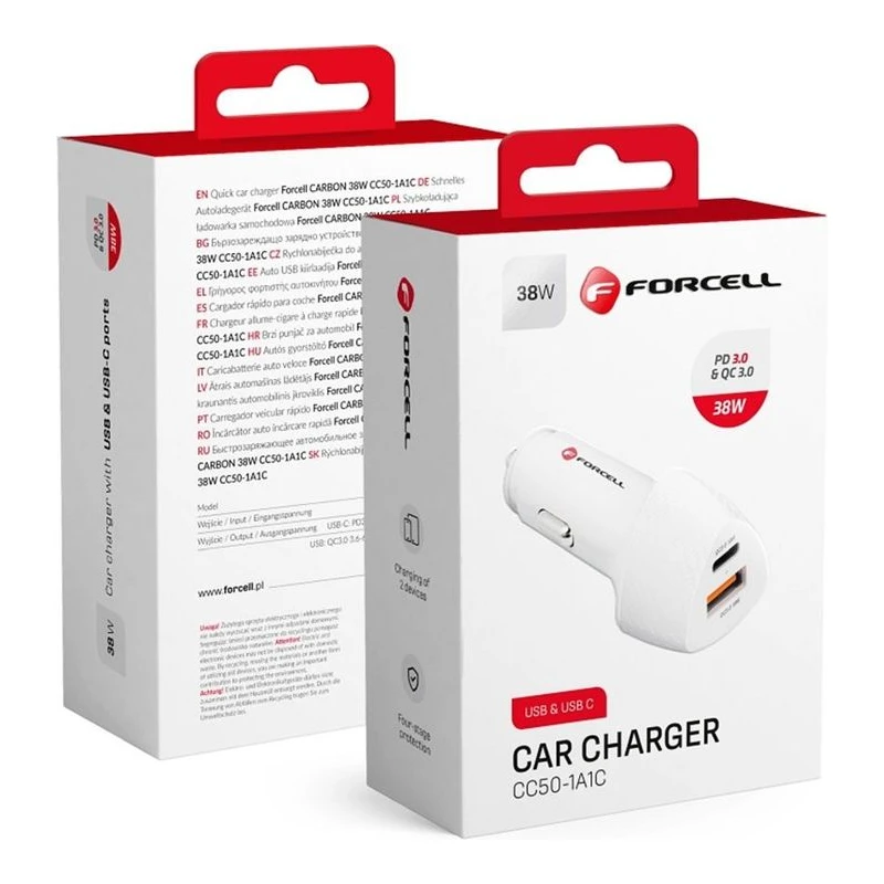 FORCELL ЗАРЯДНО 12V CARBON USB-C + USB-A QC3.0 38W БЯЛ