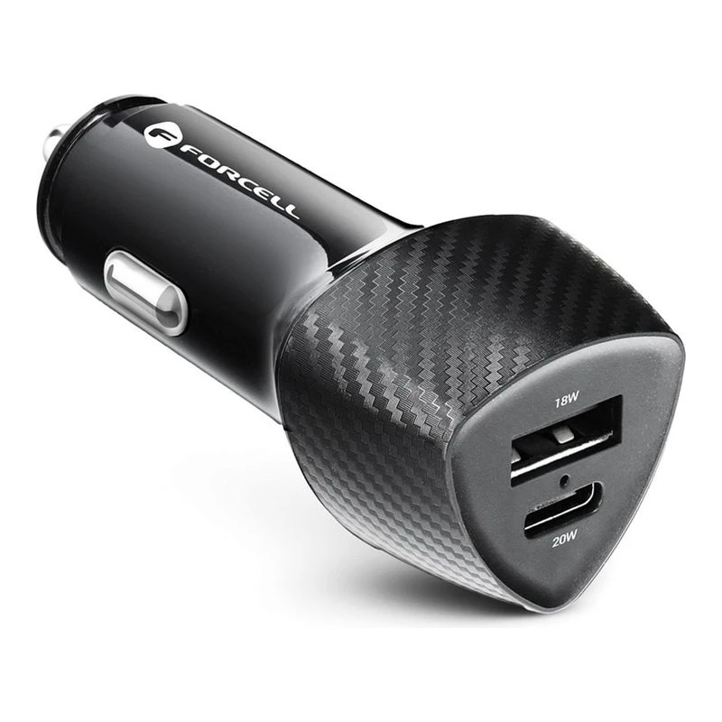 FORCELL ЗАРЯДНО 12V CARBON USB-C + USB-A QC3.0 38W ЧЕРЕН