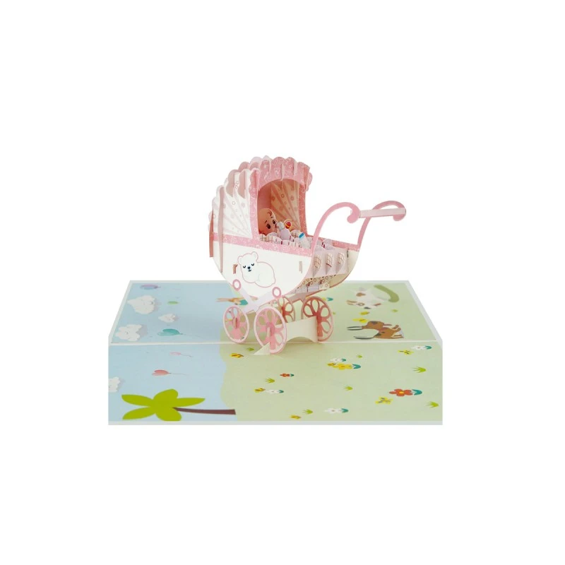 KIRIORI POP UP 3D  КАРТИЧКА  БЕБЕ В КОЛИЧКА РОЗОВА