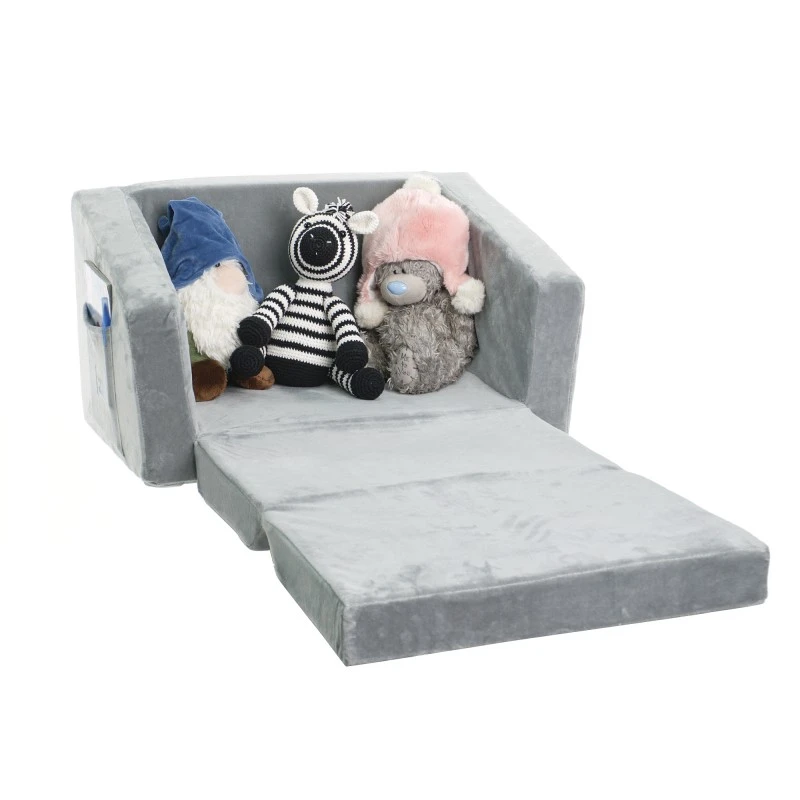 Детски Разтегателен Диван BONO, Плюшен, Мек, от Пяна - 2 в 1 за Сядане и за Сън, Сив