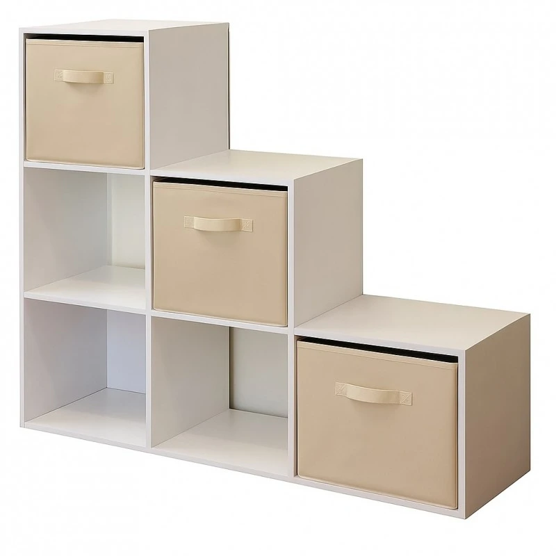 Детска Етажерка, Органайзер за Играчки, GINGER HOME с 6 Отделения и Текстилни Кутии, Бяла, Монтесори Мебел