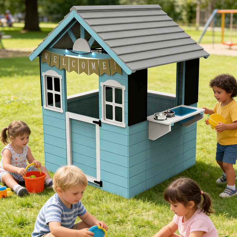 Детска Дървена Къщичка за Игра на Открито GINGER HOME с Кухненски Плот и Аксесоари – За Двор и Градина, 110×103×137.5 см