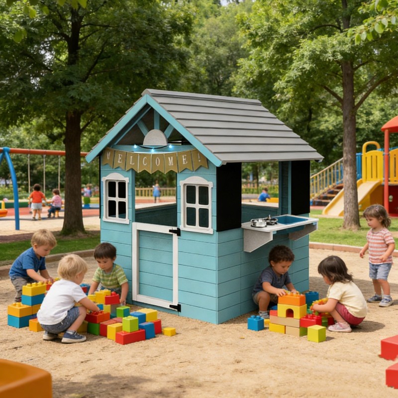 Детска Дървена Къщичка за Игра на Открито GINGER HOME с Кухненски Плот и Аксесоари – За Двор и Градина, 110×103×137.5 см