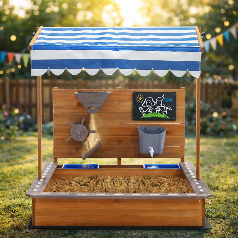 Детски Дървен Пясъчник GINGER HOME с Регулируем Покрив – с Пясъчна Мелница, Писта за Колички и Аксесоари, 103x114x110 см