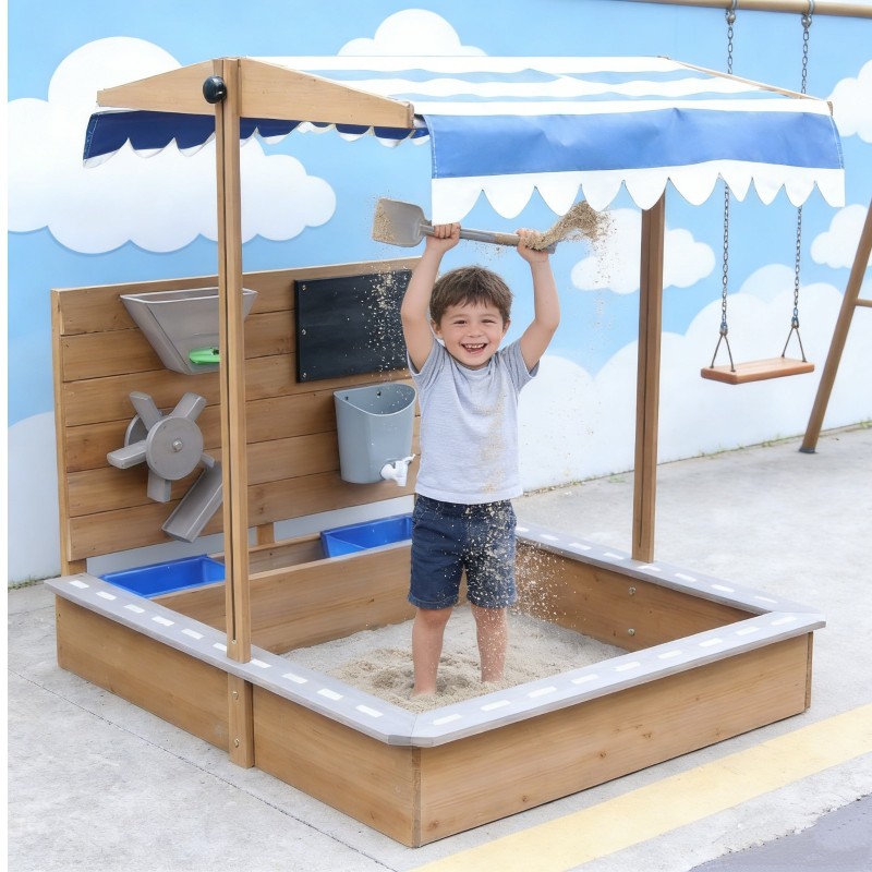 Детски Дървен Пясъчник GINGER HOME с Регулируем Покрив – с Пясъчна Мелница, Писта за Колички и Аксесоари, 103x114x110 см