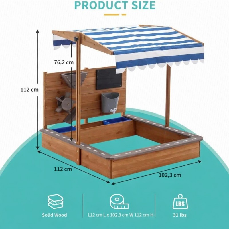 Детски Дървен Пясъчник GINGER HOME с Регулируем Покрив – с Пясъчна Мелница, Писта за Колички и Аксесоари, 103x114x110 см