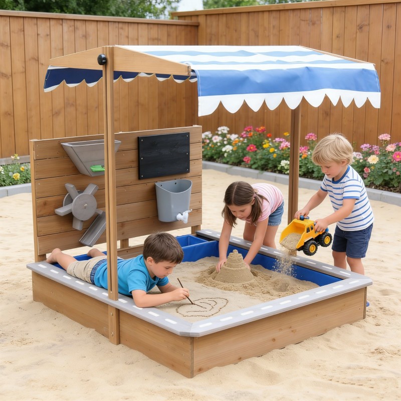 Детски Дървен Пясъчник GINGER HOME с Регулируем Покрив – с Пясъчна Мелница, Писта за Колички и Аксесоари, 103x114x110 см