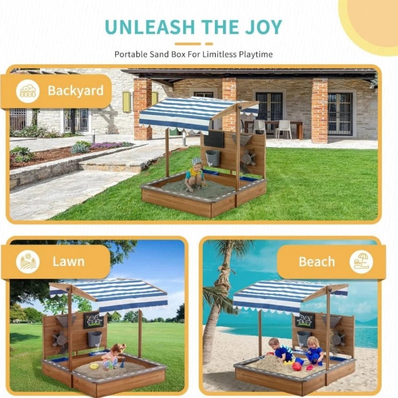 Детски Дървен Пясъчник GINGER HOME с Регулируем Покрив – с Пясъчна Мелница, Писта за Колички и Аксесоари, 103x114x110 см