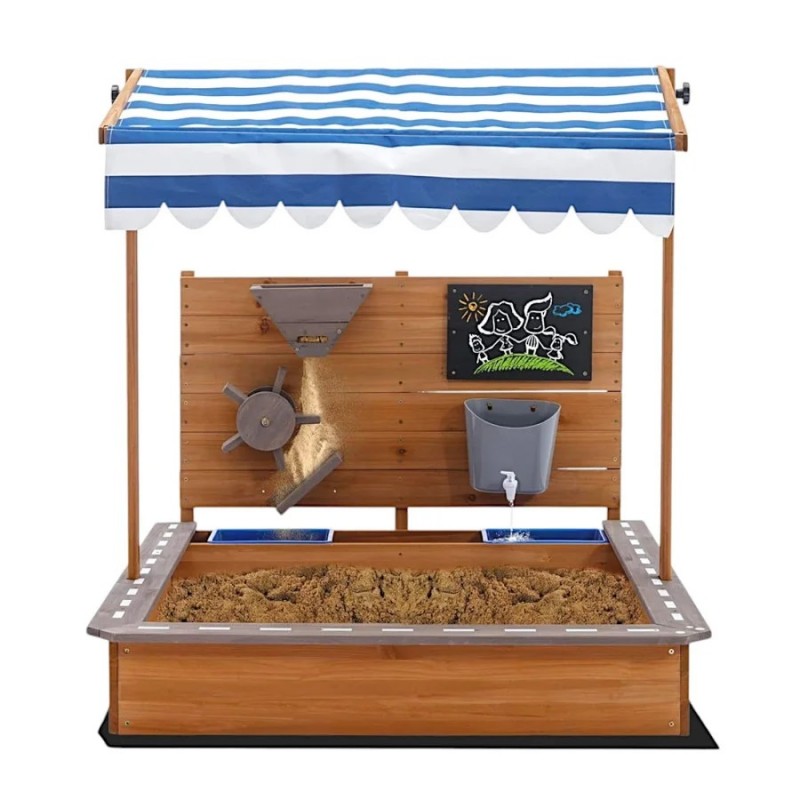 Детски Дървен Пясъчник GINGER HOME с Регулируем Покрив – с Пясъчна Мелница, Писта за Колички и Аксесоари, 103x114x110 см