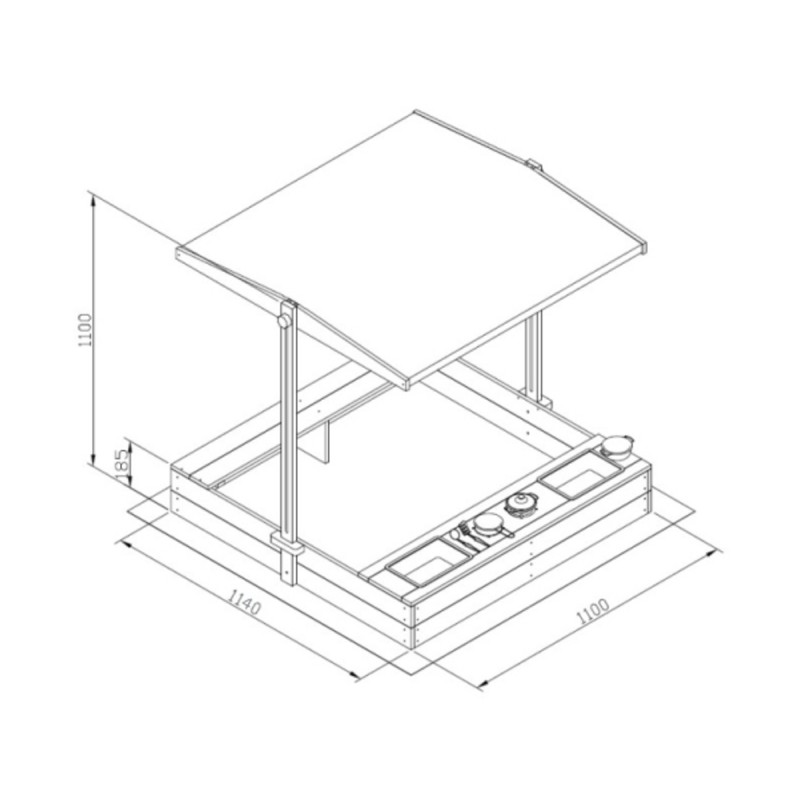 Детски Дървен Пясъчник с Пейка и Подвижен Покрив GINGER HOME – С Кухня и Аксесоари, Играчка за Открито, 110x114x110 см