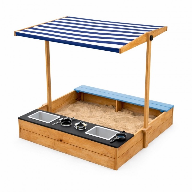 Детски Дървен Пясъчник с Пейка и Подвижен Покрив GINGER HOME – С Кухня и Аксесоари, Играчка за Открито, 110x114x110 см