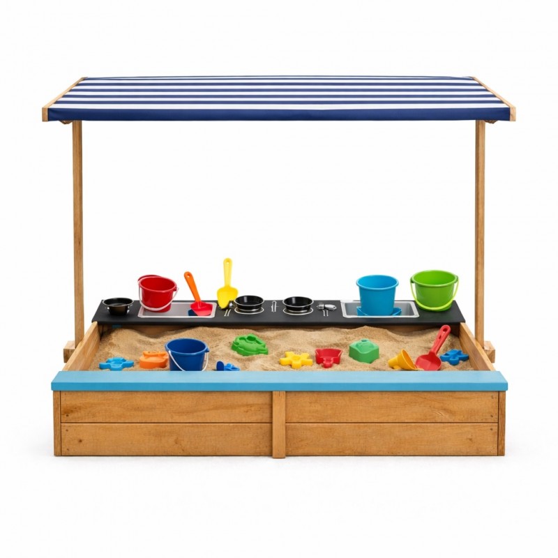 Детски Дървен Пясъчник с Пейка и Подвижен Покрив GINGER HOME – С Кухня и Аксесоари, Играчка за Открито, 110x114x110 см