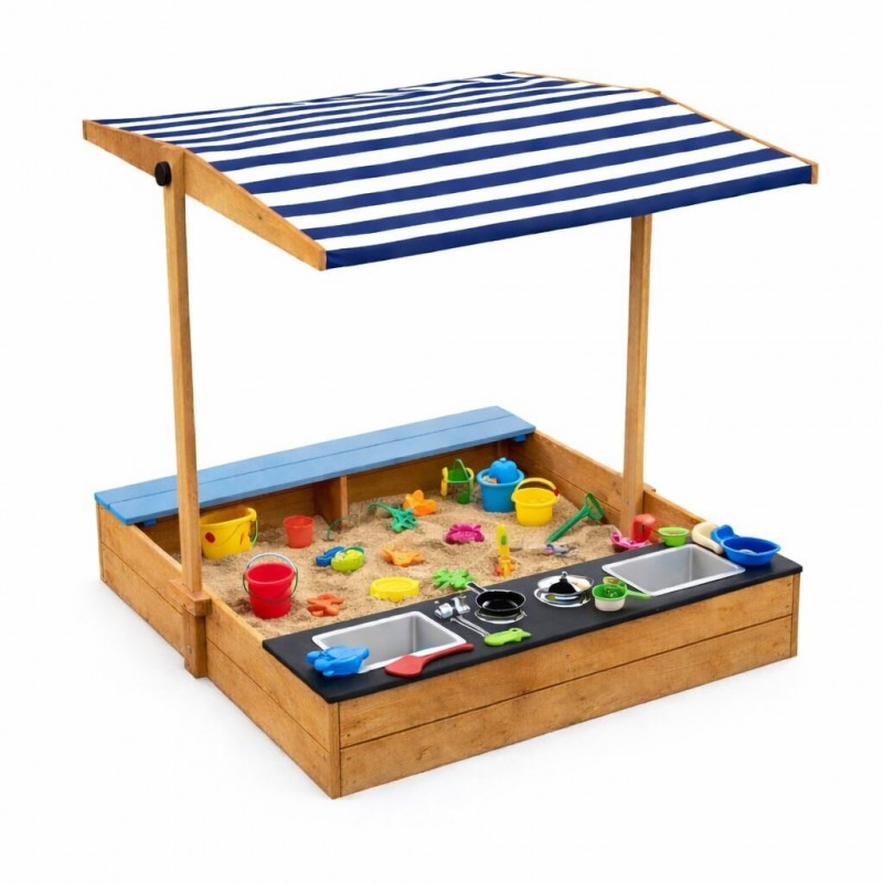 Детски Дървен Пясъчник с Пейка и Подвижен Покрив GINGER HOME – С Кухня и Аксесоари, Играчка за Открито, 110x114x110 см