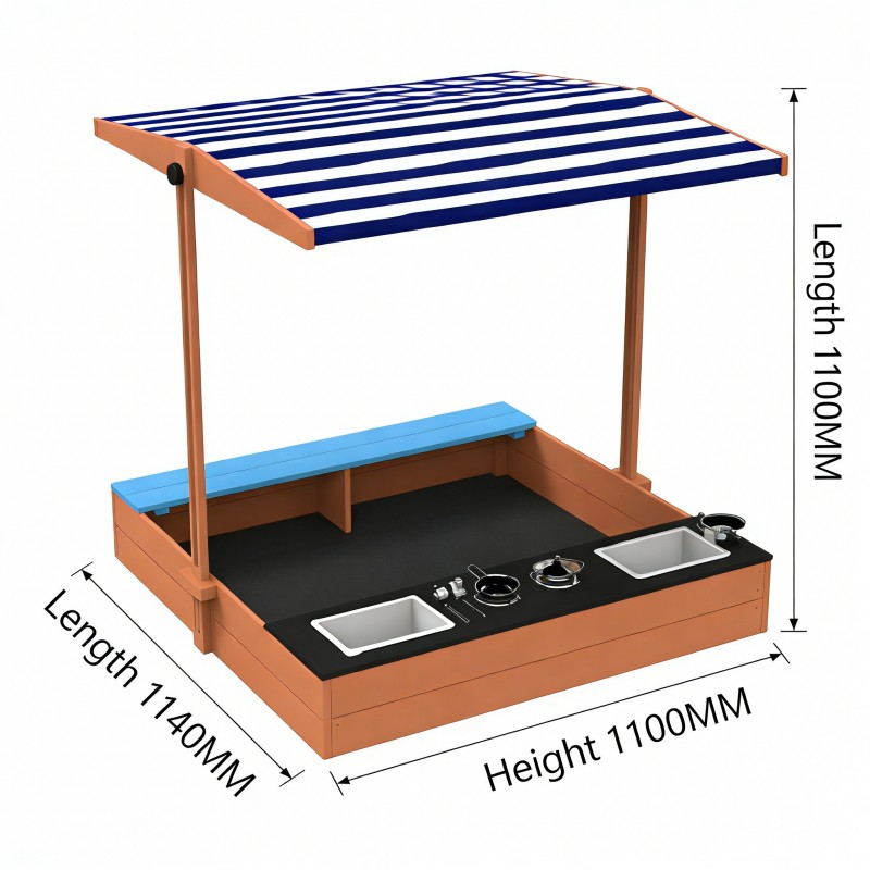 Детски Дървен Пясъчник с Пейка и Подвижен Покрив GINGER HOME – С Кухня и Аксесоари, Играчка за Открито, 110x114x110 см
