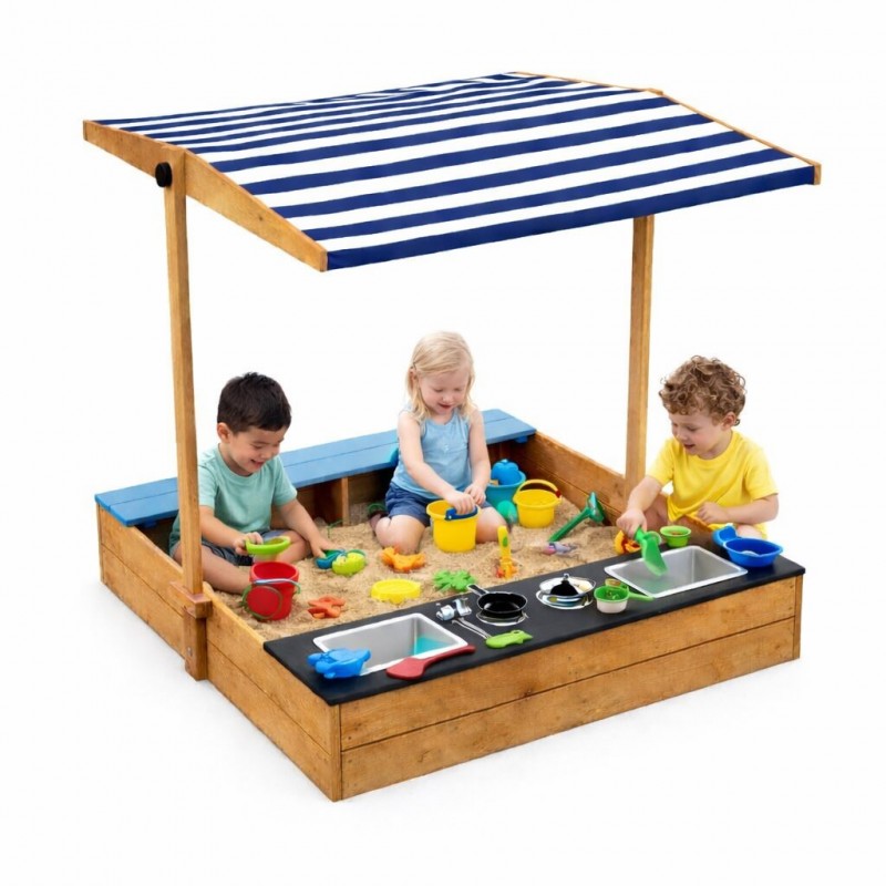 Детски Дървен Пясъчник с Пейка и Подвижен Покрив GINGER HOME – С Кухня и Аксесоари, Играчка за Открито, 110x114x110 см