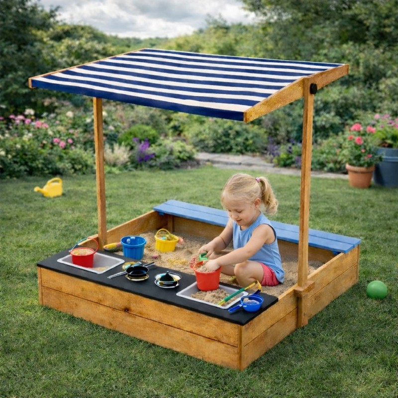Детски Дървен Пясъчник с Пейка и Подвижен Покрив GINGER HOME – С Кухня и Аксесоари, Играчка за Открито, 110x114x110 см