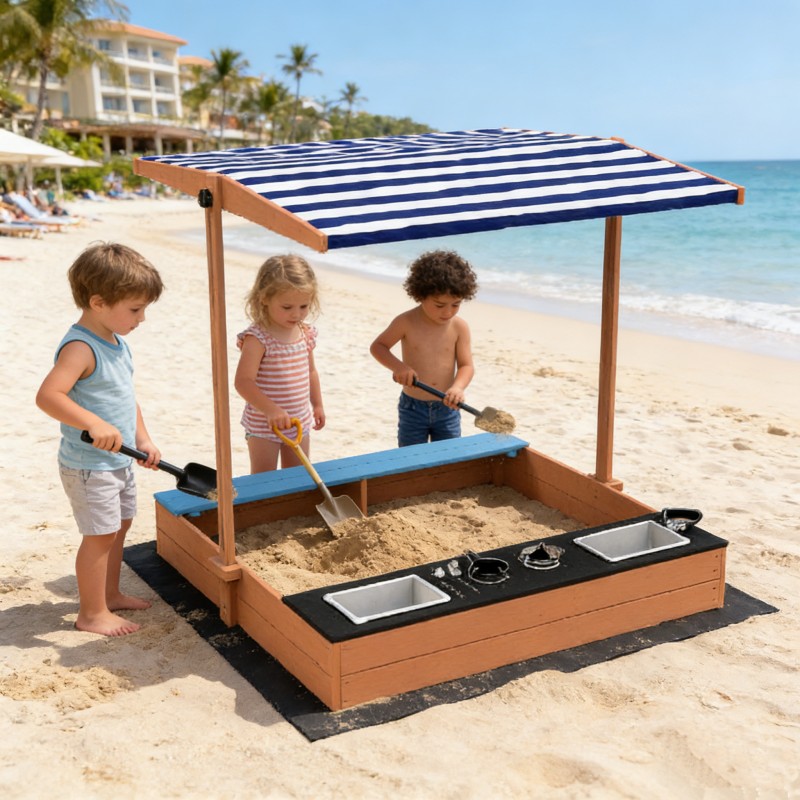 Детски Дървен Пясъчник с Пейка и Подвижен Покрив GINGER HOME – С Кухня и Аксесоари, Играчка за Открито, 110x114x110 см