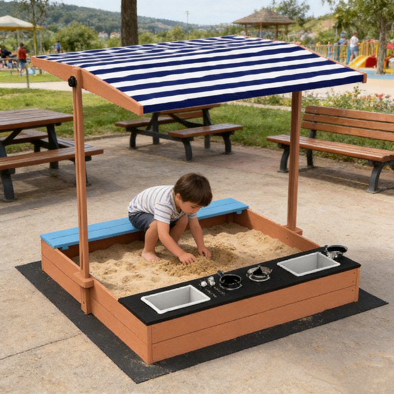 Детски Дървен Пясъчник с Пейка и Подвижен Покрив GINGER HOME – С Кухня и Аксесоари, Играчка за Открито, 110x114x110 см