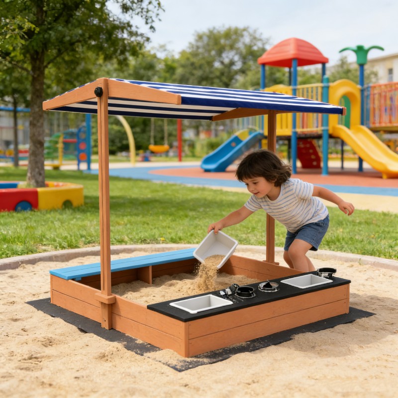 Детски Дървен Пясъчник с Пейка и Подвижен Покрив GINGER HOME – С Кухня и Аксесоари, Играчка за Открито, 110x114x110 см