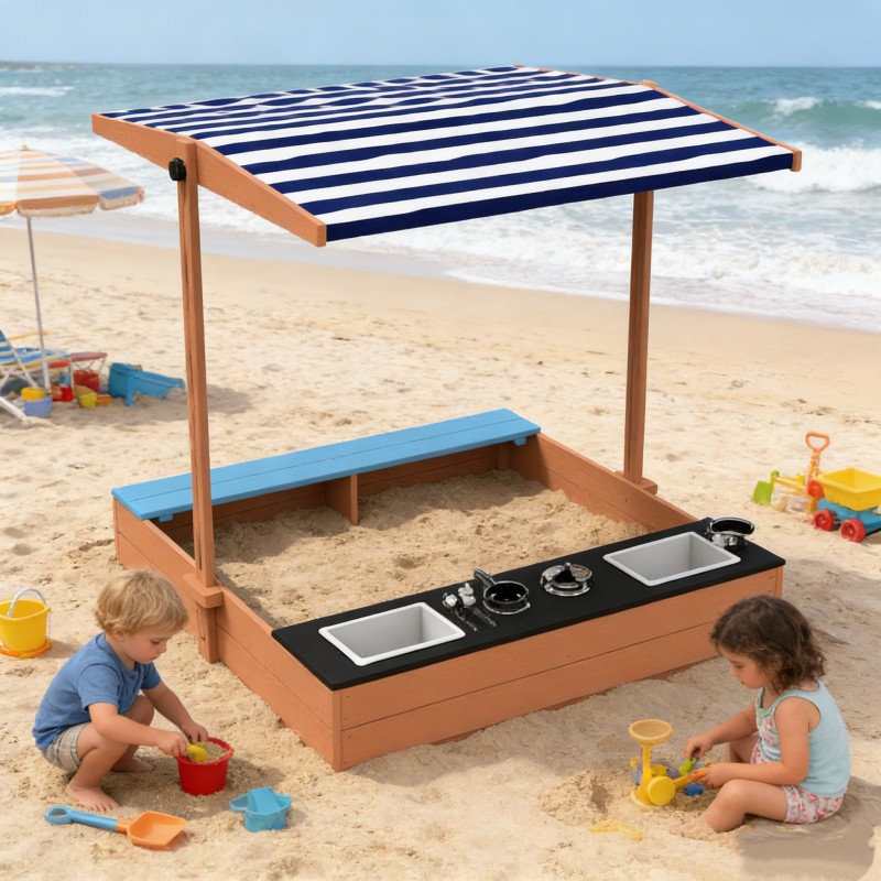 Детски Дървен Пясъчник с Пейка и Подвижен Покрив GINGER HOME – С Кухня и Аксесоари, Играчка за Открито, 110x114x110 см
