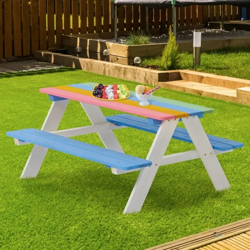 Градински Комплект GINGER HOME, Детска Маса за Пикник с Пейки, Дървен, Игри на Открито, RAINBOW, 89х79х50 см.