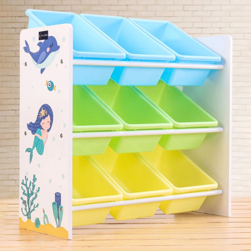 Етажерка за Играчки и Книжки, Секция за Детска Стая с 9 Кутии за Съхранение, Дървен органайзер - РУСАЛКА