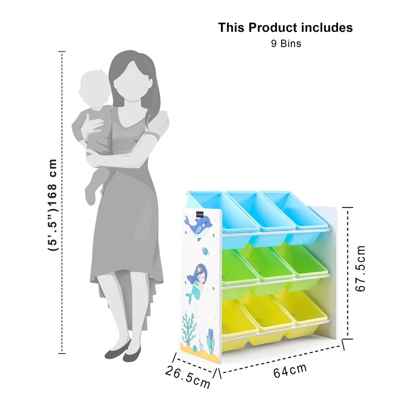 Етажерка за Играчки и Книжки, Секция за Детска Стая с 9 Кутии за Съхранение, Дървен органайзер - РУСАЛКА