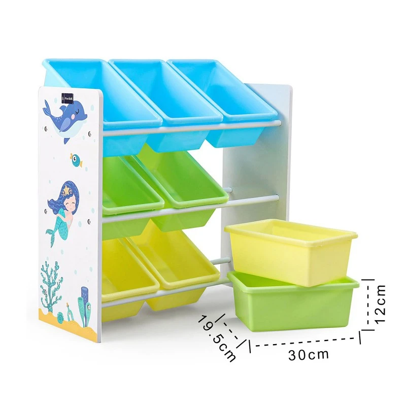 Етажерка за Играчки и Книжки, Секция за Детска Стая с 9 Кутии за Съхранение, Дървен органайзер - РУСАЛКА