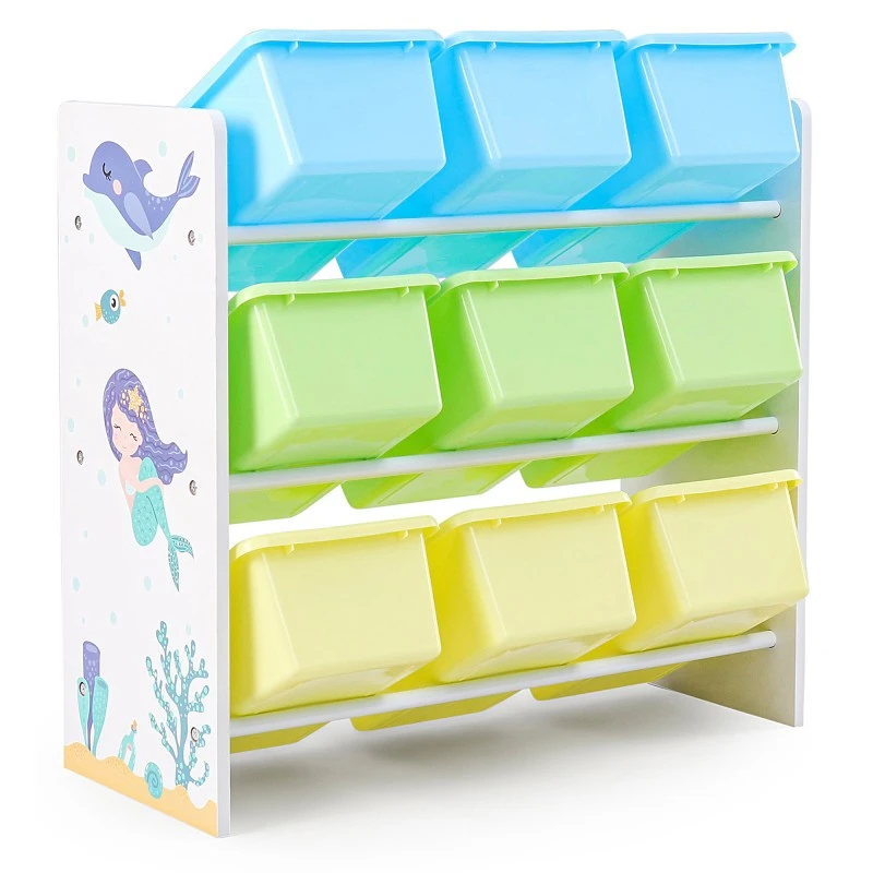 Етажерка за Играчки и Книжки, Секция за Детска Стая с 9 Кутии за Съхранение, Дървен органайзер - РУСАЛКА