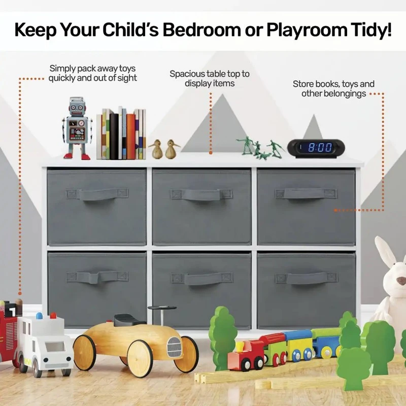 Дървен Скрин с 6 Текстилни Чекмеджета за Съхранение - WHITE/GREY