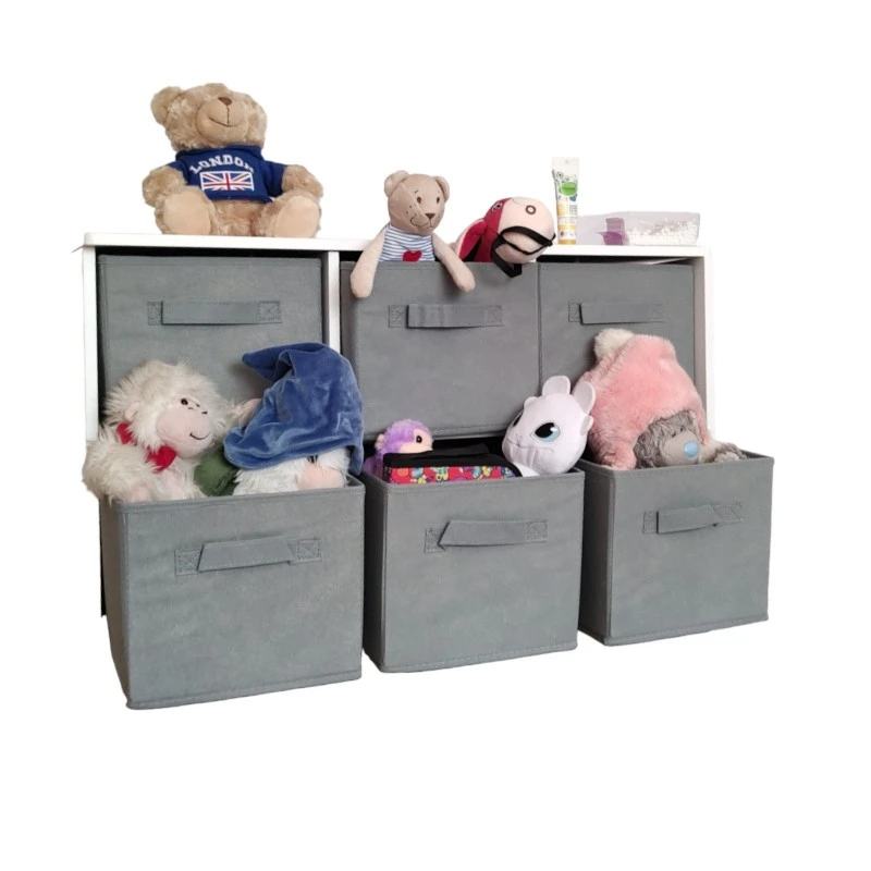 Дървен Скрин с 6 Текстилни Чекмеджета за Съхранение - WHITE/GREY