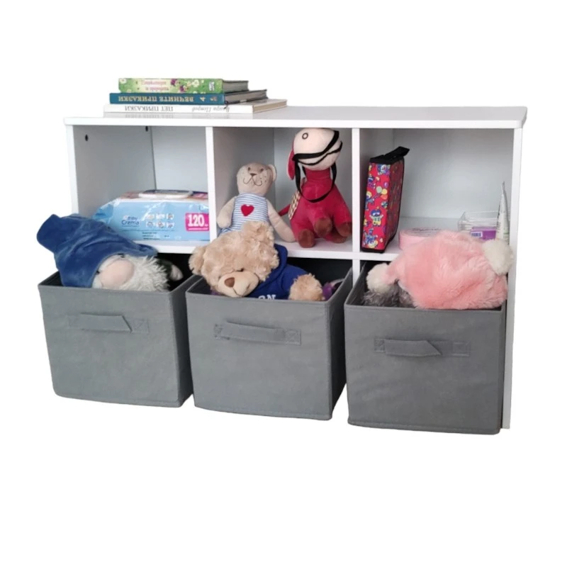 Дървен Скрин с 6 Текстилни Чекмеджета за Съхранение - WHITE/GREY