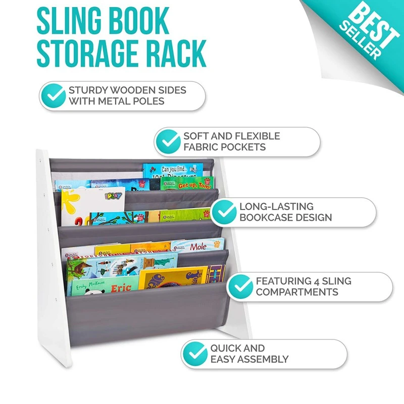 Дървен Органайзер за Детски Книжки и Играчки, Етажерка с Рафтове за Детска Стая, Библиотека - WHITE/GRAY