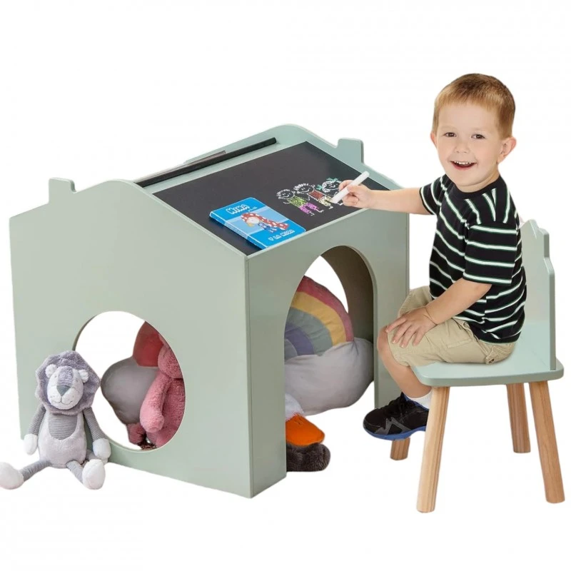 Детска Маса GINGER HOME с 2 Столчета - Мултиактивна Къщичка с Черна Дъска, Плот за Рисуване и Четене