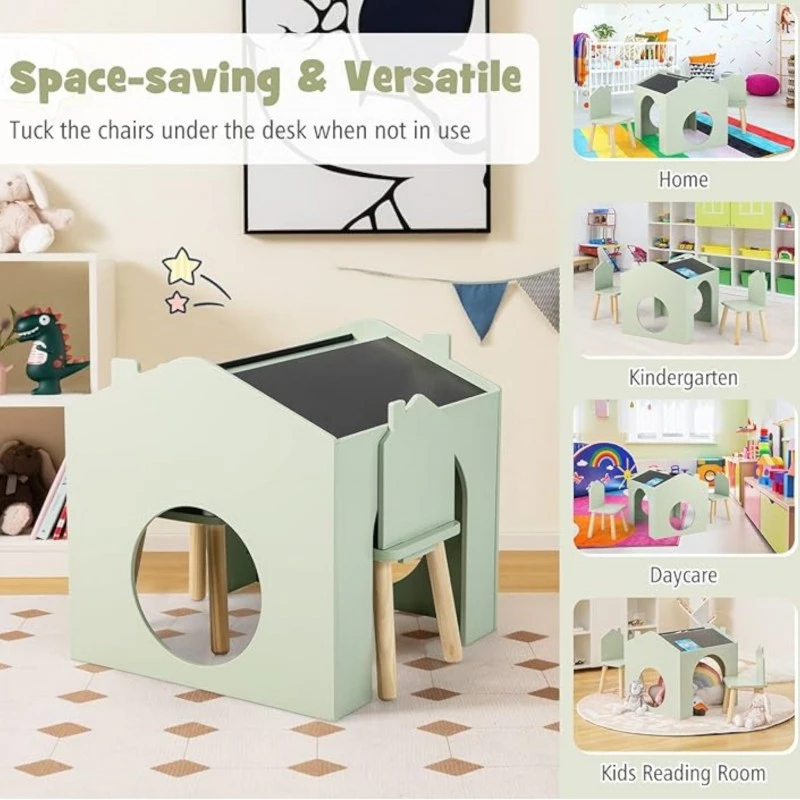 Детска Маса GINGER HOME с 2 Столчета - Мултиактивна Къщичка с Черна Дъска, Плот за Рисуване и Четене