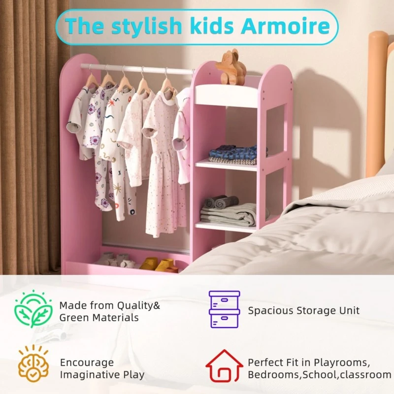 Детска Стойка за Дрехи с Огледало GINGER HOME - Отворен Детски Гардероб с Рафтове и Закачалки, Розов, 94x38x100 см