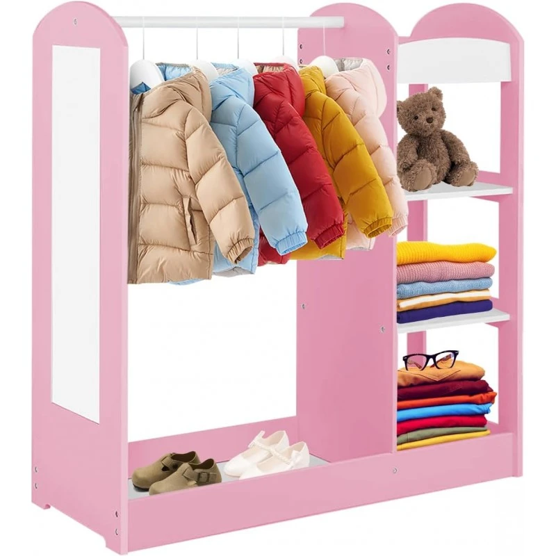 Детска Стойка за Дрехи с Огледало GINGER HOME - Отворен Детски Гардероб с Рафтове и Закачалки, Розов, 94x38x100 см