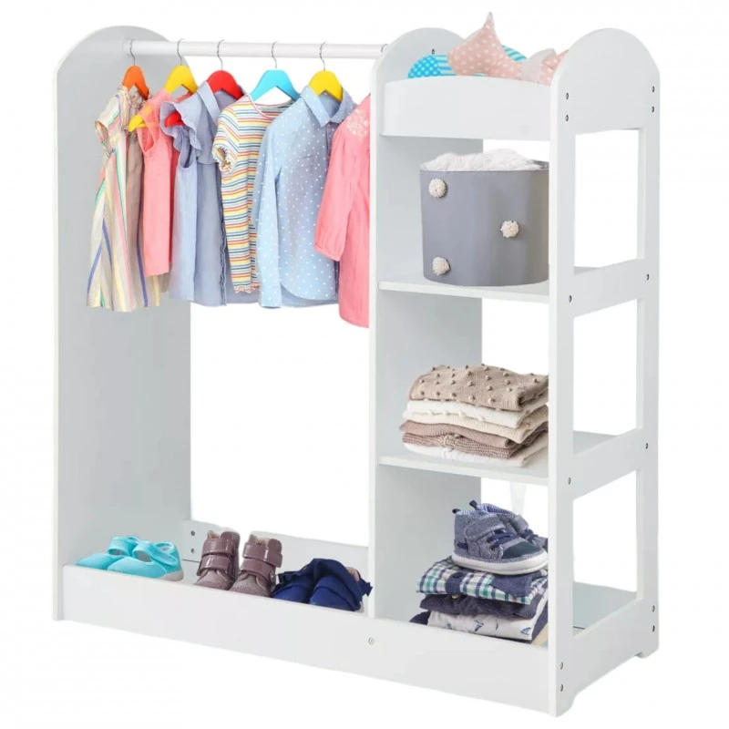 Детска Стойка за Дрехи с Огледало GINGER HOME - Отворен Детски Гардероб с Рафтове и Закачалки, Бял, 94x38x100 см