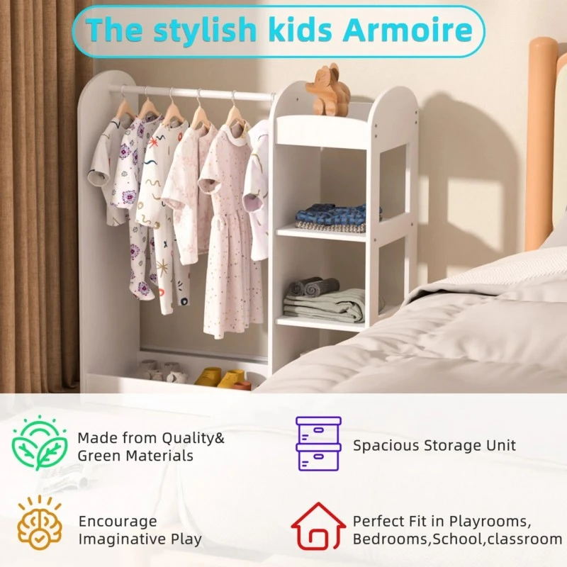 Детска Стойка за Дрехи с Огледало GINGER HOME - Отворен Детски Гардероб с Рафтове и Закачалки, Бял, 94x38x100 см