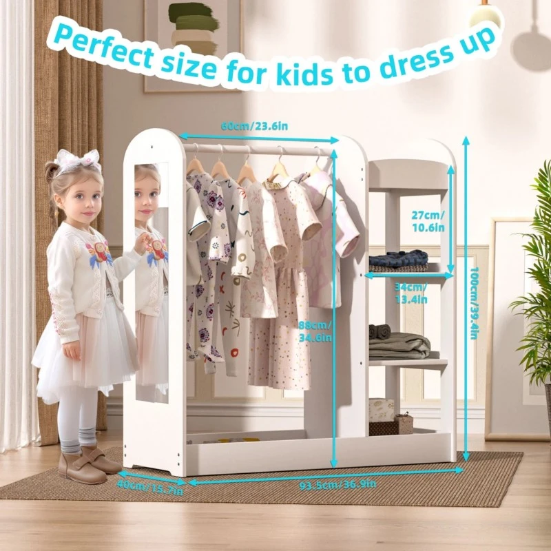 Детска Стойка за Дрехи с Огледало GINGER HOME - Отворен Детски Гардероб с Рафтове и Закачалки, Бял, 94x38x100 см