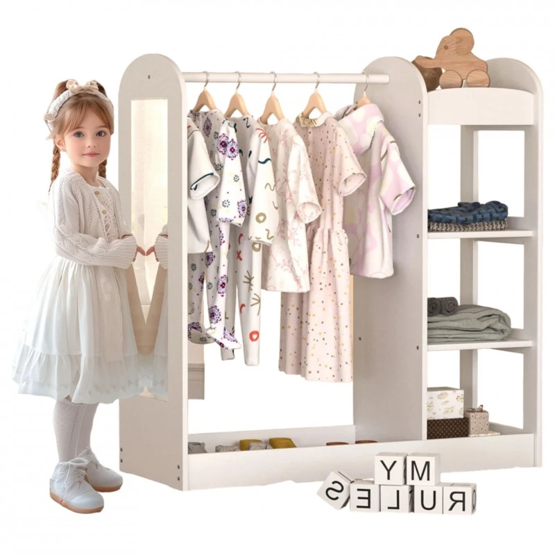Детска Стойка за Дрехи с Огледало GINGER HOME - Отворен Детски Гардероб с Рафтове и Закачалки, Бял, 94x38x100 см