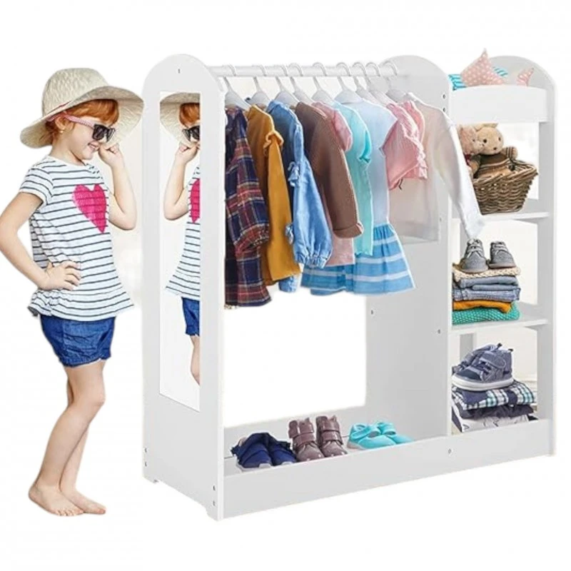 Детска Стойка за Дрехи с Огледало GINGER HOME - Отворен Детски Гардероб с Рафтове и Закачалки, Бял, 94x38x100 см