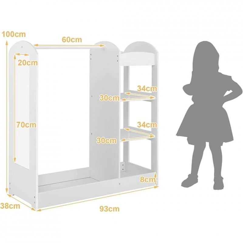 Детска Стойка за Дрехи с Огледало GINGER HOME - Отворен Детски Гардероб с Рафтове и Закачалки, Бял, 94x38x100 см