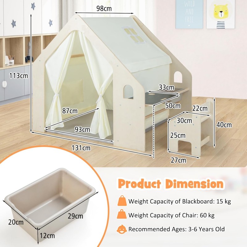 Детска Дървена Къща за Игра 6 в 1 GINGER HOME – Стол, Маса, Черна Дъска, Органайзер, Тента и Мека Подложка