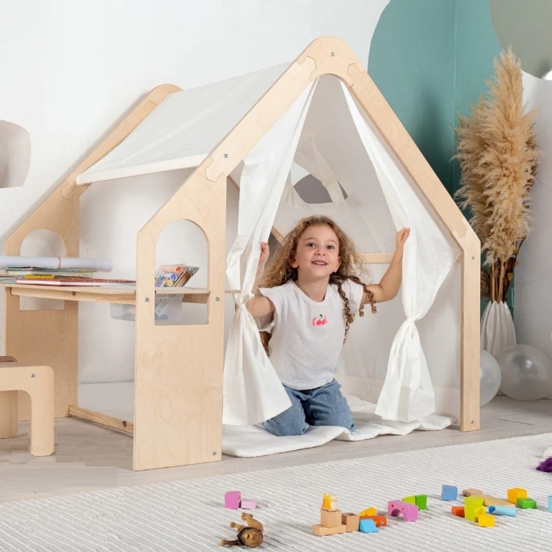 Детска Дървена Къща за Игра 6 в 1 GINGER HOME – Стол, Маса, Черна Дъска, Органайзер, Тента и Мека Подложка