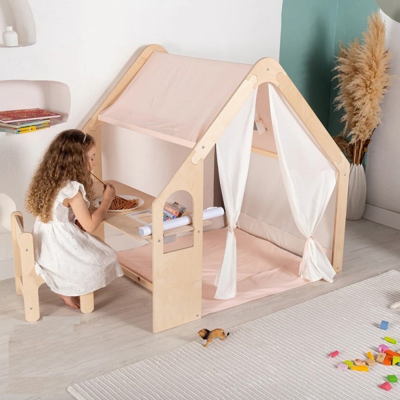 Детска Дървена Къща за Игра 6 в 1 GINGER HOME – Стол, Маса, Черна Дъска, Органайзер, Тента и Мека Подложка