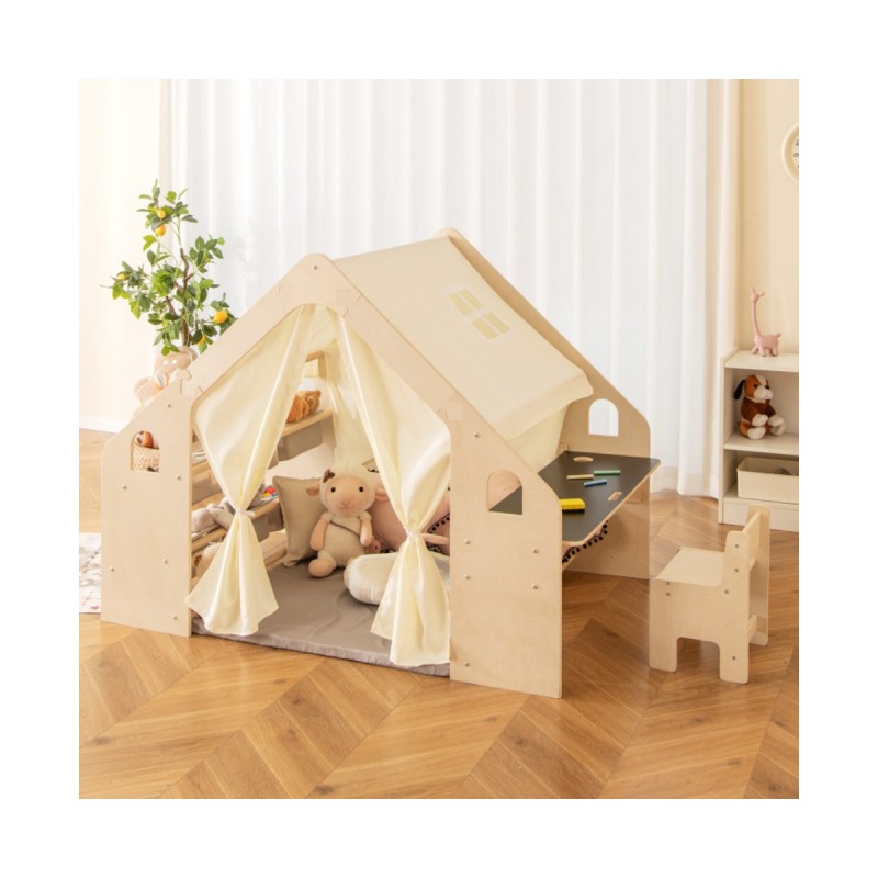Детска Дървена Къща за Игра 6 в 1 GINGER HOME – Стол, Маса, Черна Дъска, Органайзер, Тента и Мека Подложка