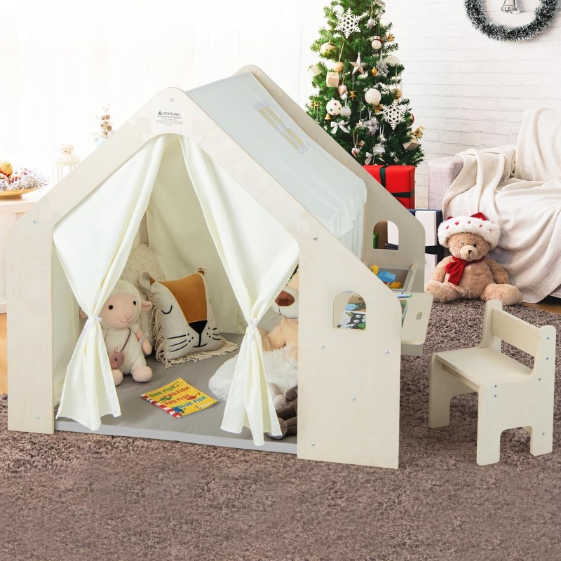 Детска Дървена Къща за Игра 6 в 1 GINGER HOME – Стол, Маса, Черна Дъска, Органайзер, Тента и Мека Подложка