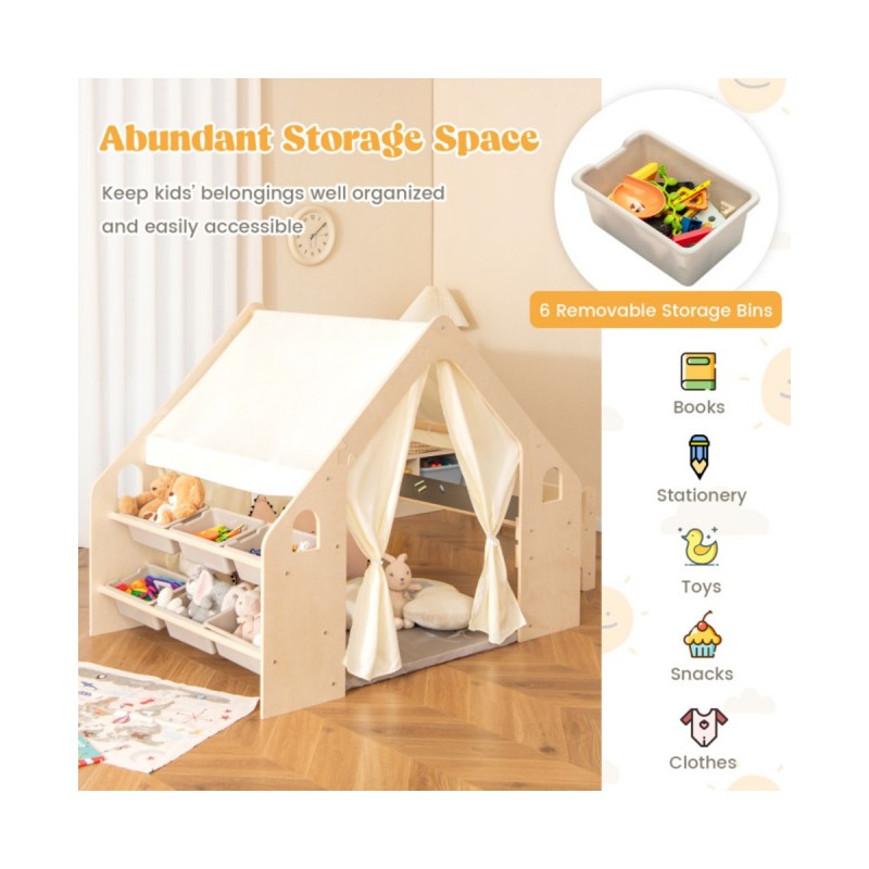 Детска Дървена Къща за Игра 6 в 1 GINGER HOME – Стол, Маса, Черна Дъска, Органайзер, Тента и Мека Подложка